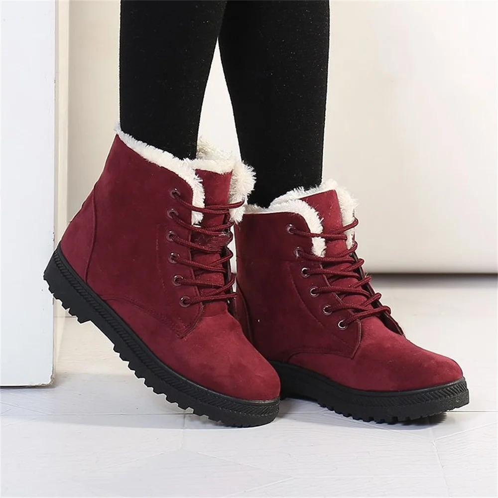 Womens warm winter snow boots casual lace ankle boots non slip warm fur lined boots 241111
