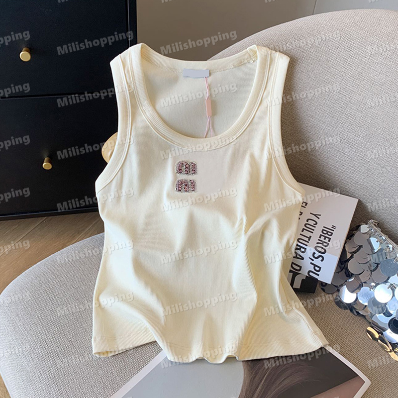 Women Miu Cropped Tops Designer Beaded Letter Tank Tops Cotton Knitted Tees Luxury Crystal Vests