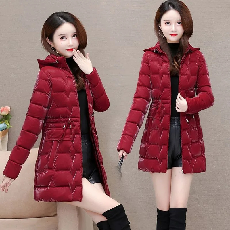 2024 Shiny Down Cotton Coat Women Korean Winter Thick Warm Long Hooded Parkas Female Casual Windproof Jackets Ladies Outerwe 241108