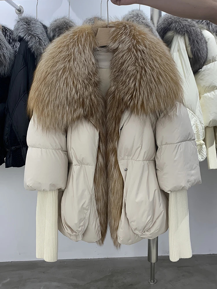 Winter Women Puffer Coat Large Real Fox Fur Collar Thick Parkas Outerwear Female 90% White Duck Down Jacket 241112