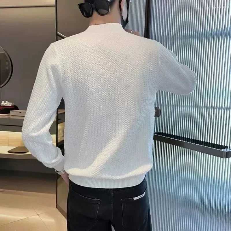 Mens solid color half neck knitted sweater mens clothing blue floral pattern turtle neck Korean autumn loose fit suitable for knitting W2411111