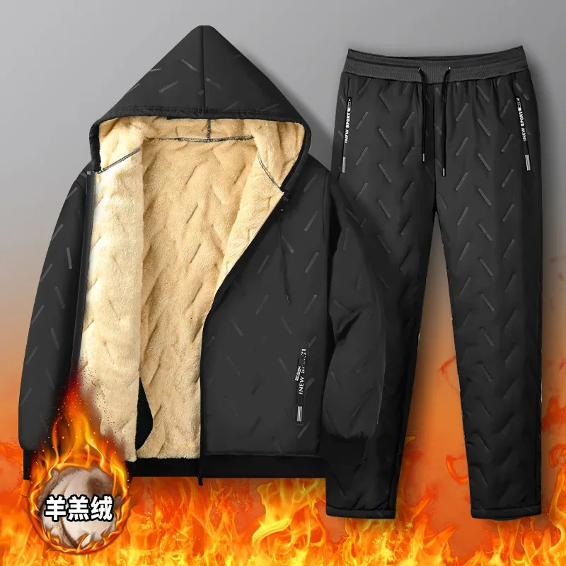 Winter Wool Fleece Parka Sets Men Warm Tracksuits Thick Lamb Two Pieces Set Mens Tracksuit Hooded Jacket Pants 241111