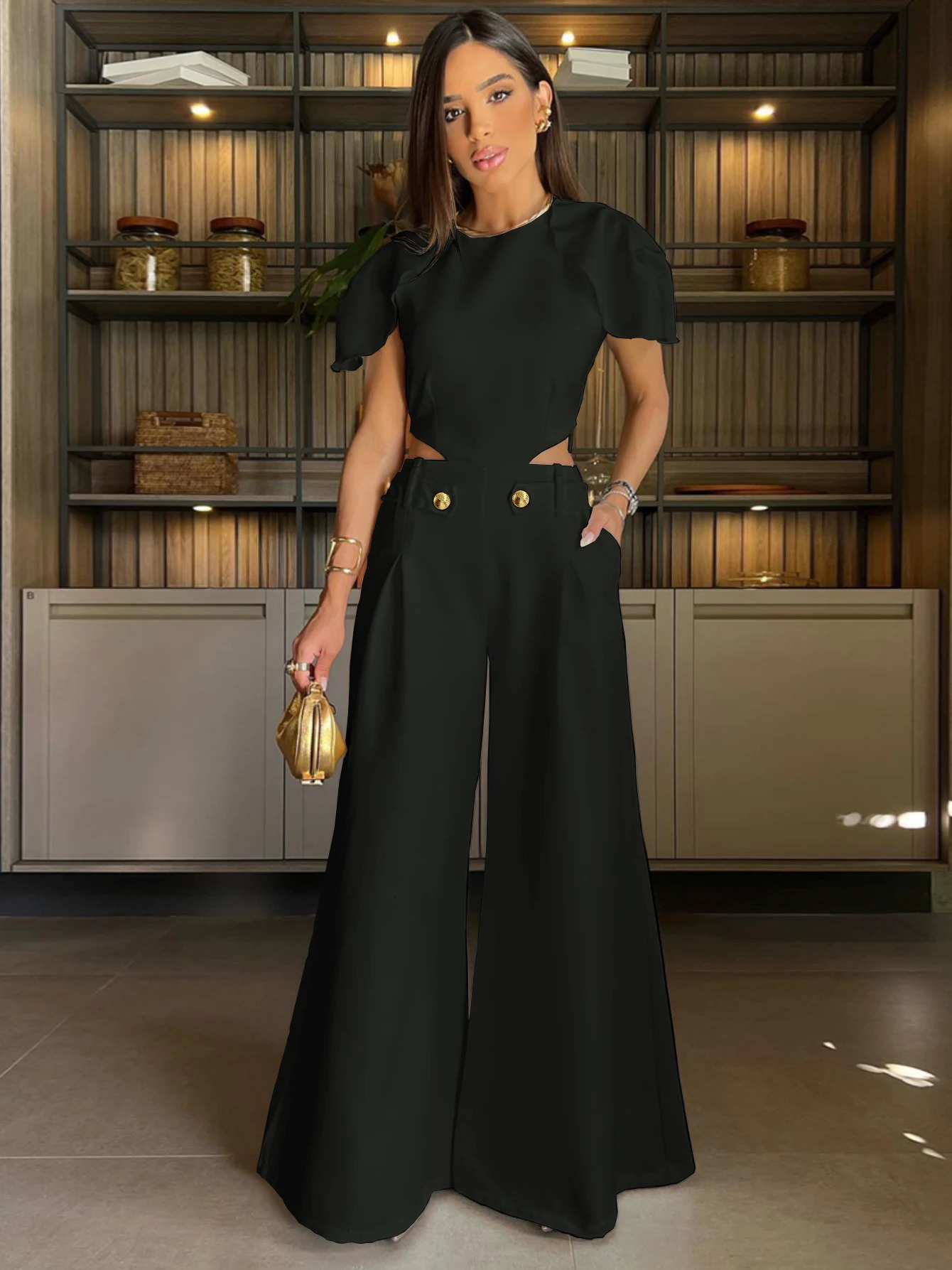 Elegant solid hole button womens jumpsuit O-neck butterfly sleeves loose pants one-piece set summer womens fashionable tight fitting clothes 241112