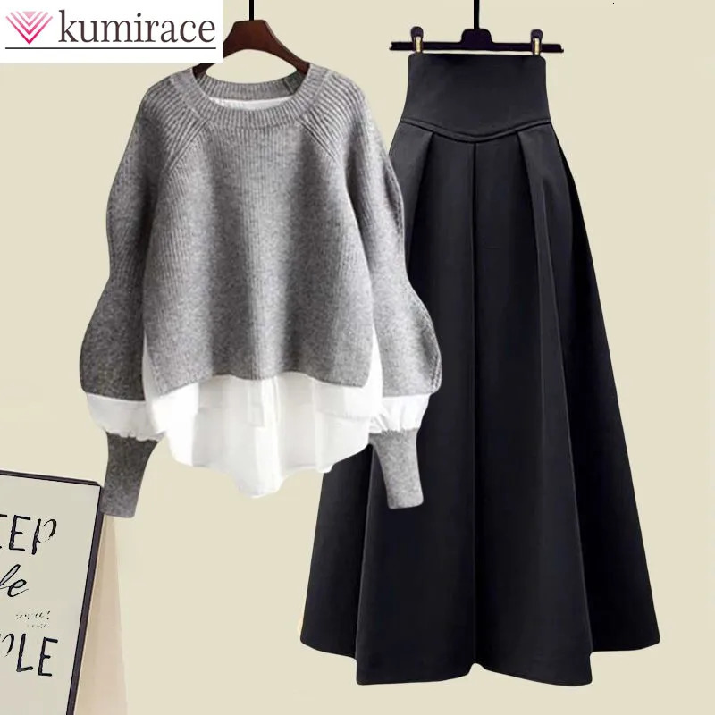 Splicing Knitted Sweater Pullover Ultra Thin Fit Half Sleeve Two Elegant Womens Dresses Winter Set 241112