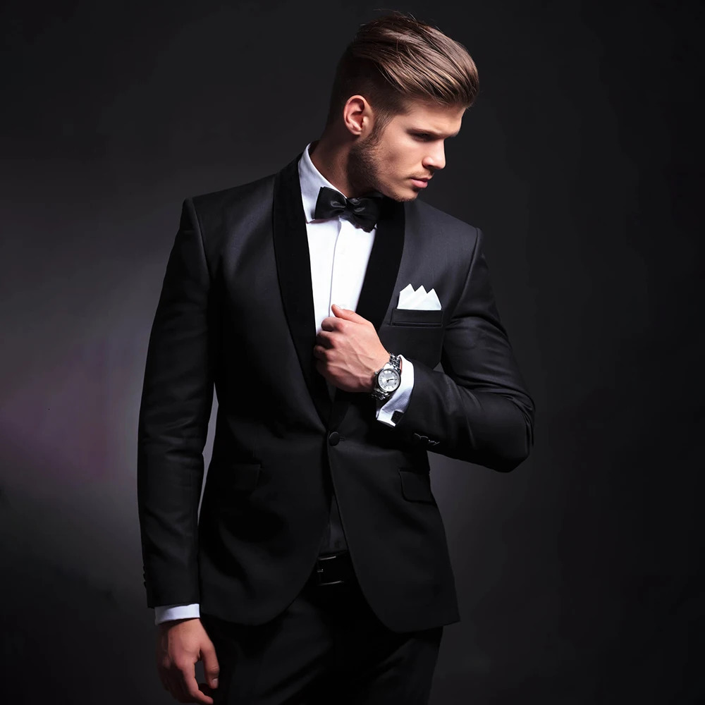 Black Men Suits Slim 2 Piece Fashion Shawl Lapel Single Button Smart Casual Wedding Groom Tuxedo Male Suit Blazer with Pants 241111