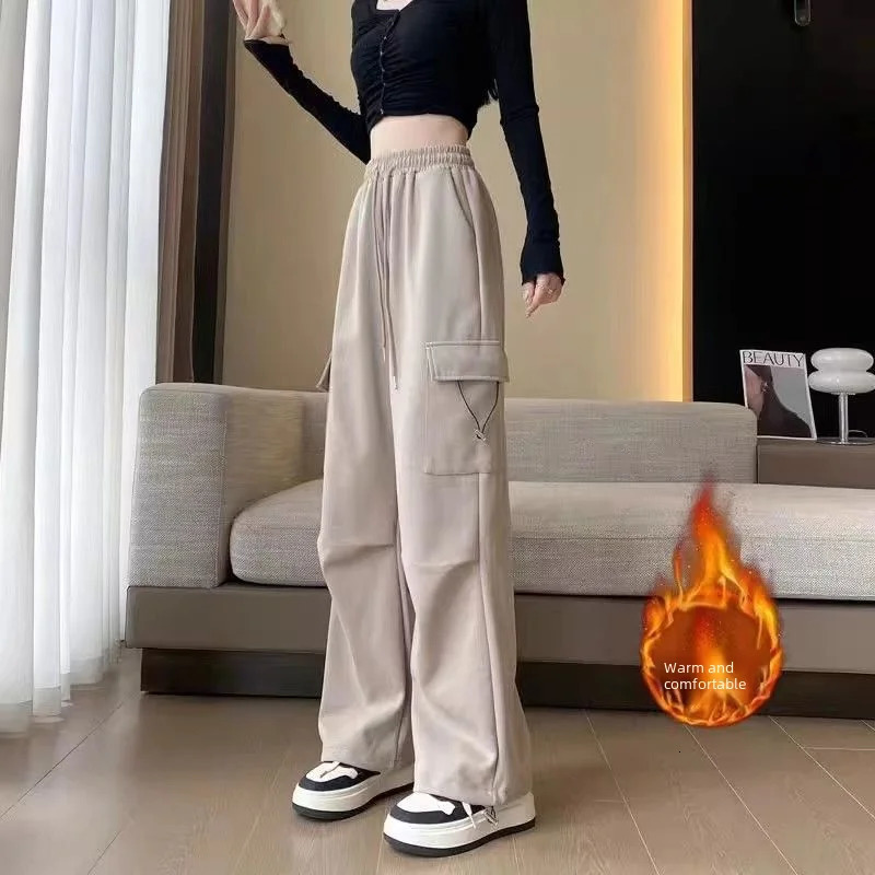High waisted wool lined thick cargo pants suitable for women to lose weight casual straight leg autumn/winter style 241112