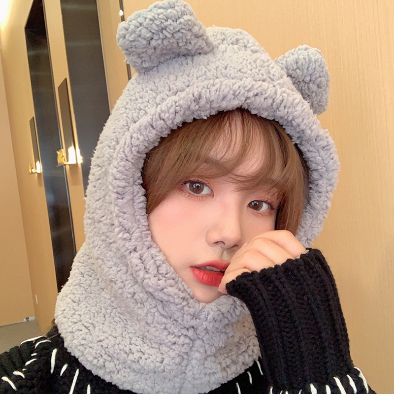 Cute Balaclava with Bear Ear Winter Women Beanies Caps Hood Warm Thick Plush Hat Scarf Gloves Set 3 in 1 Solid Color