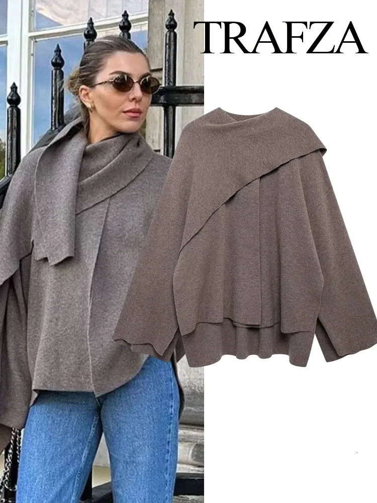 TRAFZA Female Elegant Spliced Cape Collar Woolen Coat Women Chic Long Sleeve Casual Jacket Fall Winter Loose Outerwear 241112