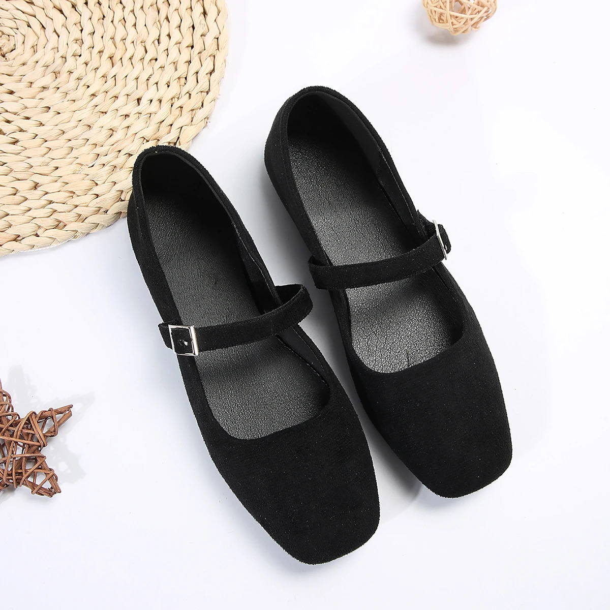 2024 Mary Jane Ballet Flats Womens Black Shoes Womens Comfortable Soft Square Flat Shoes Womens Sapatos Femininos 241111