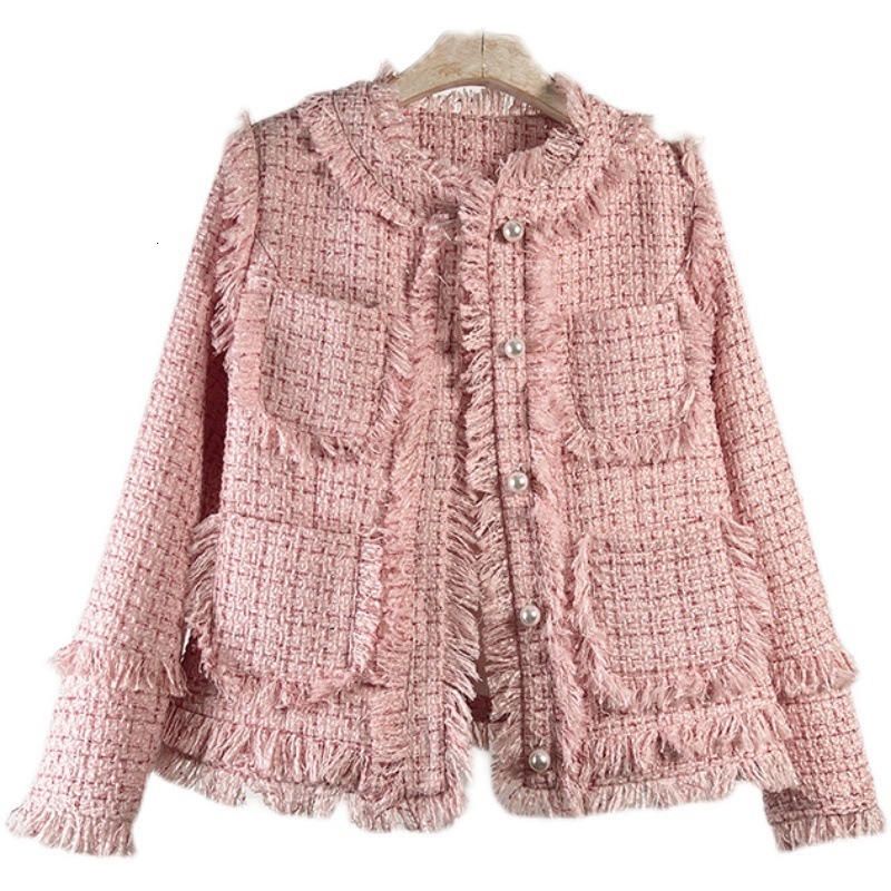 Womens 2024 Spring and Autumn French New Round Neck Thick Tweed Tassel Versatile Celebrity Little Fragrant Coat for Women 201017
