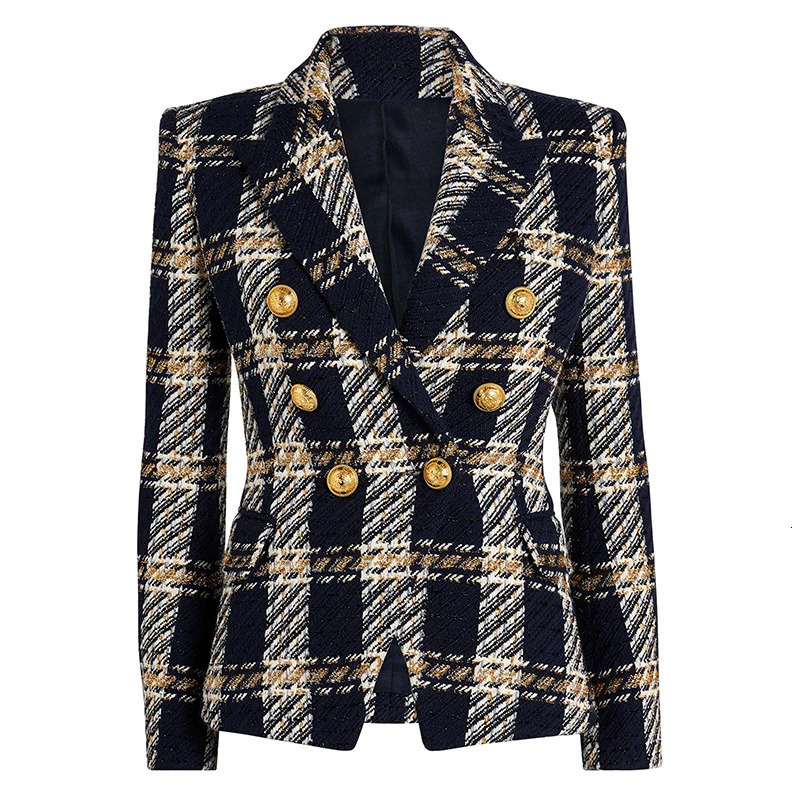 HIGH STREET TOP QUALITY est Fashion ner Jacket Womens Lion Buttons Double Breasted Plaid Wool Tweed Blazer 241112