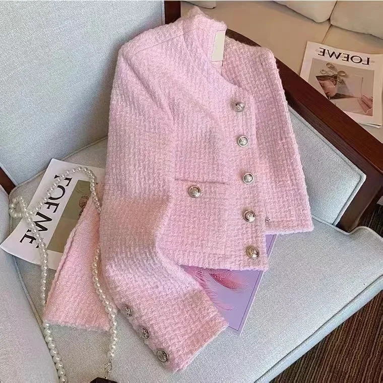 Women Tweed Fragrant Pink Jacke Long Sleeve Single-breasted Winter Autumn Y2K Coat Female Elegant Crop Top Korean Clothing 241112