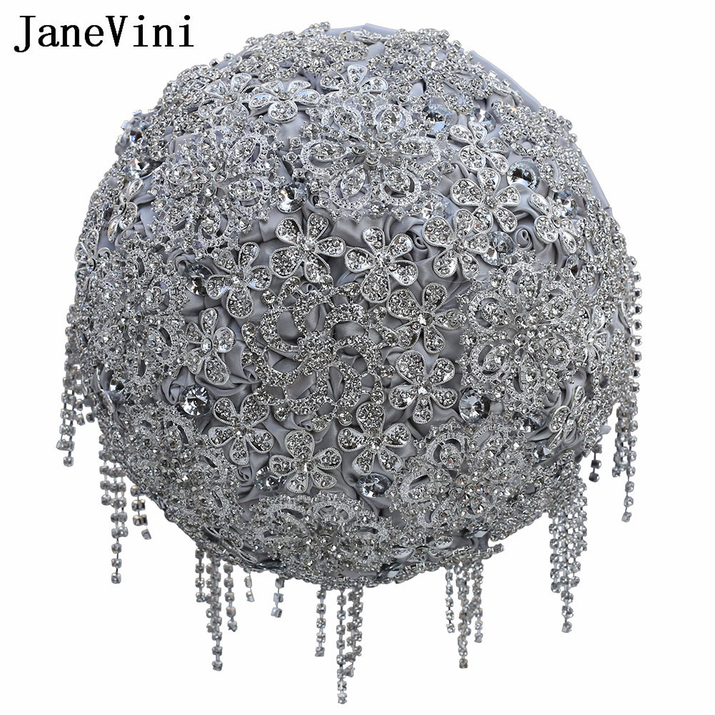 JaneVini Bling Bling Silver Jewelry Brides Wedding Bouquet Satin Flower Beaded Crystal Bruidsboeket Wedding Bridal Hand Bouquets