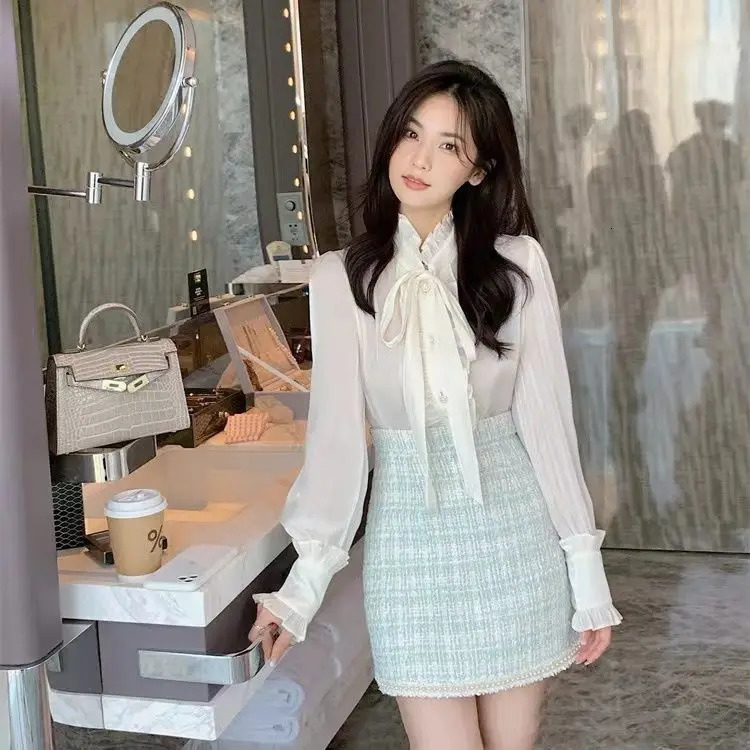 Korean perfume Blue Tufted Coat Bowknot Chiffon Shirt Lace Top Short Flat Shoes Faldas Elegant Office Womens Set 241112
