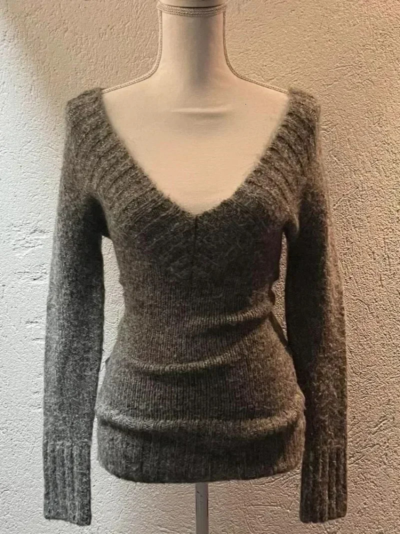 Fashion Vintage V-neck Knitted Tops Women 2024 Early Autumn Sweaters Mujer Y2k Grunge Slim Fit Long Sleeve Pullovers 241111