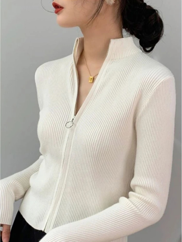 Spring Autumn Zipper Cardigan Women Sweaters Knitted Long Sleeve Standup Collar Tops Korean Fashion Short Sweater for Female 241111