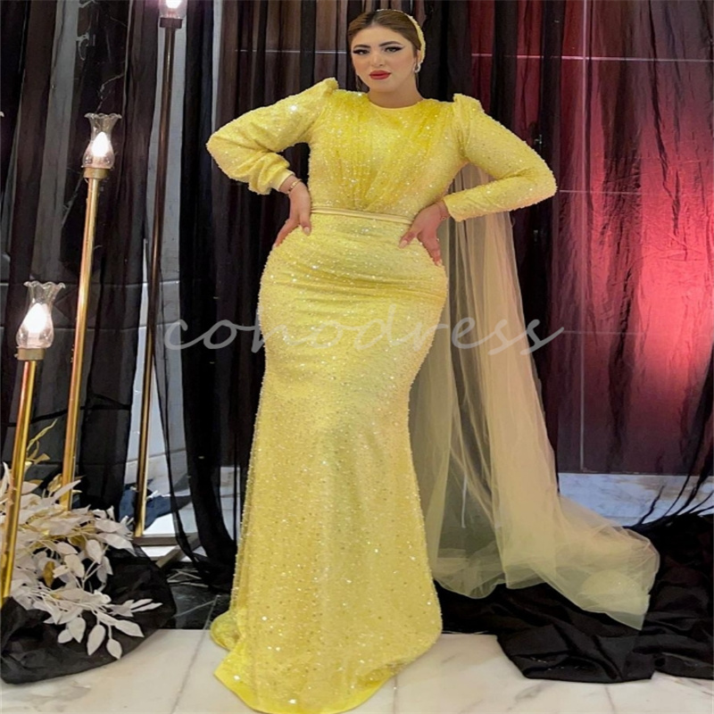 Shine Yellow Sequin Evening Dresses Plus Size Mermaid Arabia Prom Dress Elegant Long Sleeve Formal Birthday Party Gown With Tail Sparkly Robe De Soire