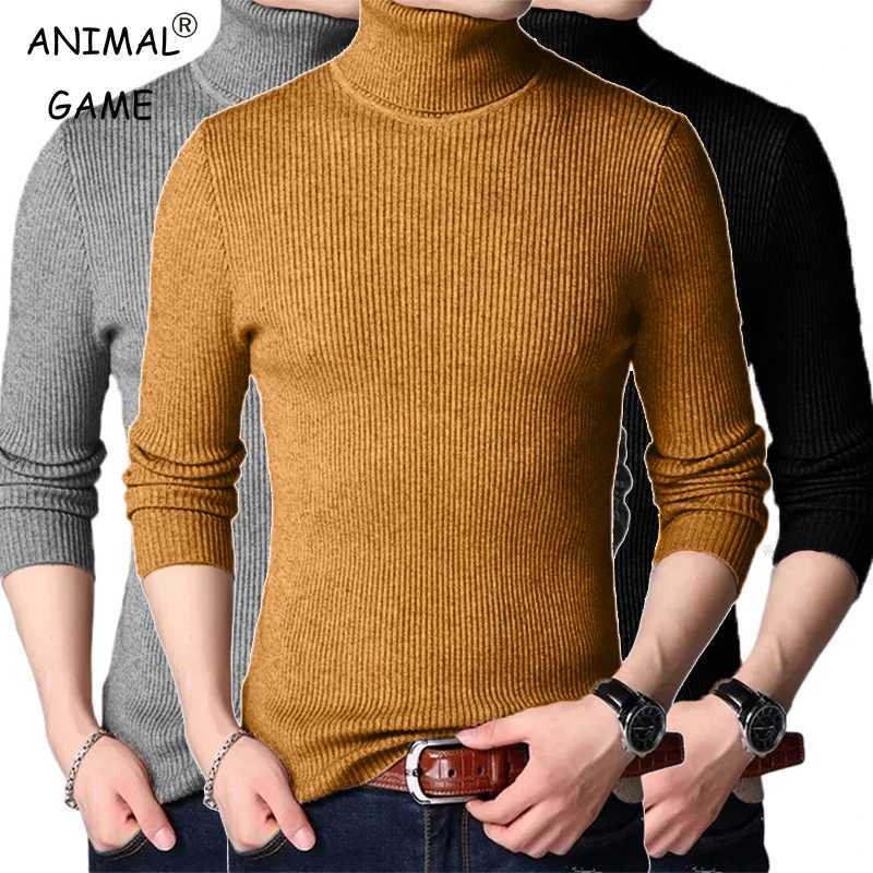 Mens long sleeved turtle neck sweater striped knitted oversized sweater mens solid color basic sweater W2411111