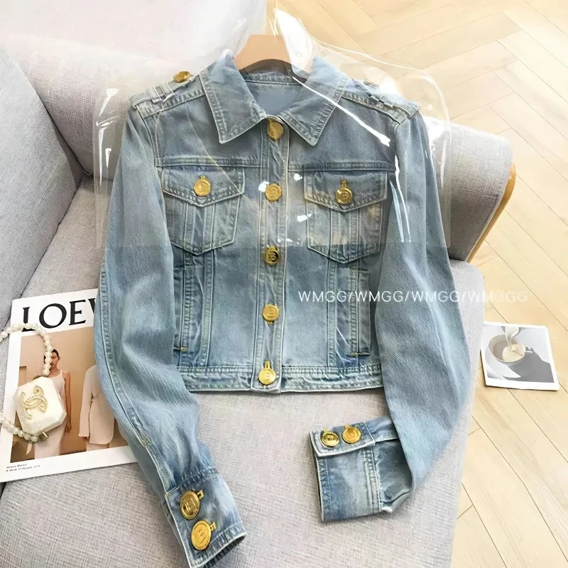 Short Heavy Industry Denim Jacket Korean Laundry Fashion Short Style Temperature Top Metal Buckle Denim Jacket 241112