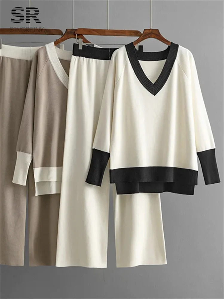 SINGREINY Casual Multicolor Loose Sets V Neck SweaterSolid Wide Legs Long Pants Autumn Winter Women Knitwear Thick 2pc Suits 241112