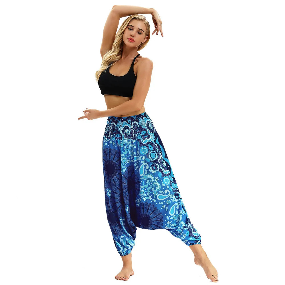 Women Beach Pants Trousers Bohemia Gypsy Hippie Sarouel Wide Leg Harem Peacock Feather Print Elastic Ladies Loose 240402