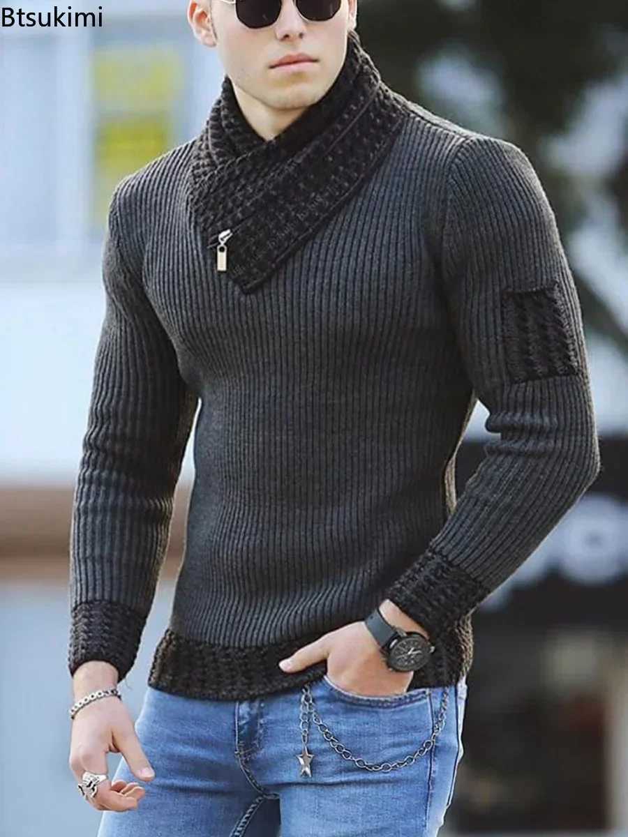 New autumn and winter mens casual retro knitted sweater with wool turtle neck oversized 2024 mens warm cotton pullover sweater W2411111