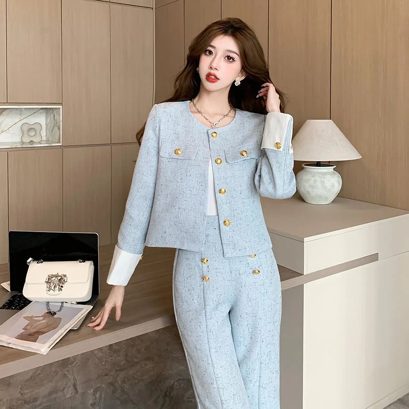 Fall Winter Vintage Two Piece Sets Outfits Women Elegant Tweed Slim Long Trousers Short Coat Top Female Casual Clothes 241112