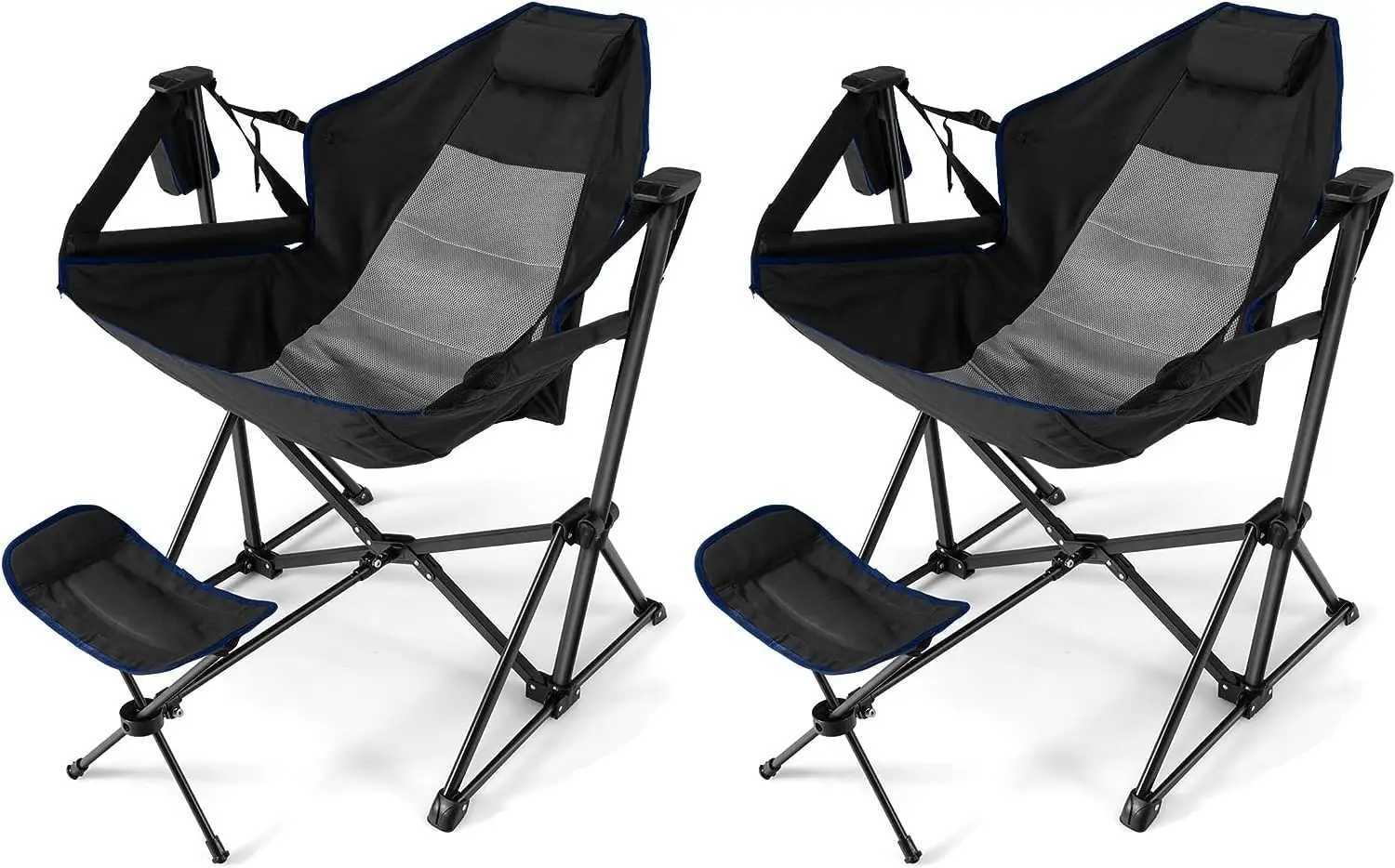 2 sets of pendant camping chairs with foot pads outdoor folding rocking chairs with comfortable headrests cup holders carrying bags portW241111
