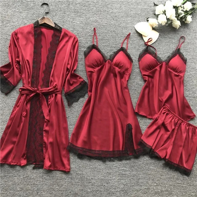 Womens Pajama Set Satin Pajama Silk 4-piece Evening Dress Strap Lace Sleep Lounge Pajama with Chest Mat 241112