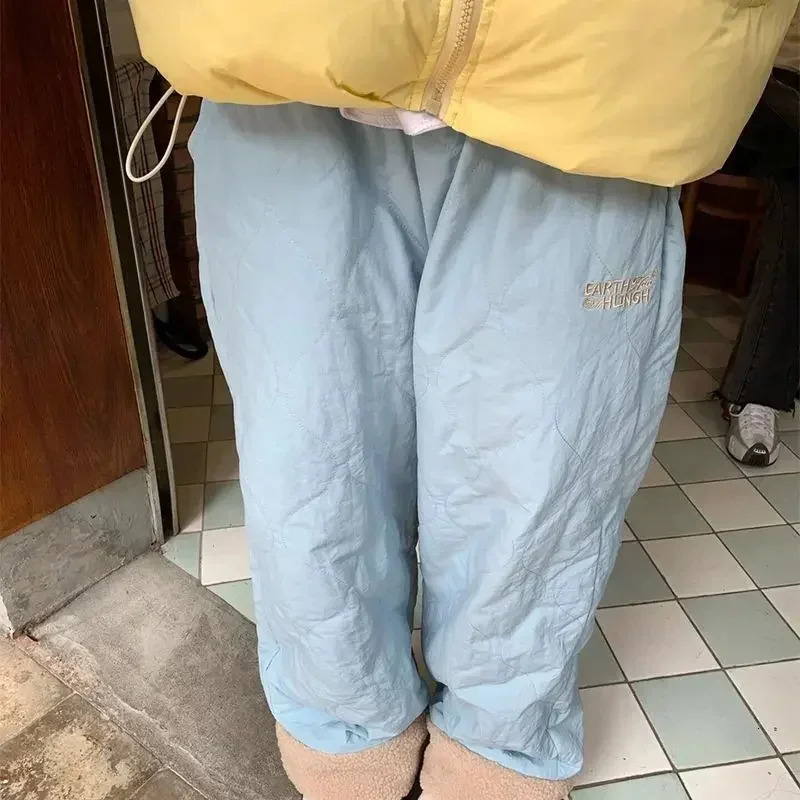 Korean Casual Cotton Down Pant Solid Color Quilted Wide Leg Letter Embroidery Baggy Trousers Y2k Loose Pants For Women 241112
