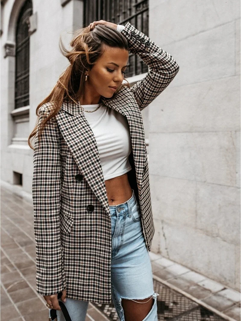 Plaid Blazer Jacket Women Spring Autumn Long Sleeve Casual Slim Blazers Khaki Woman Coats Fall Elegant Office Suit Coat 241112