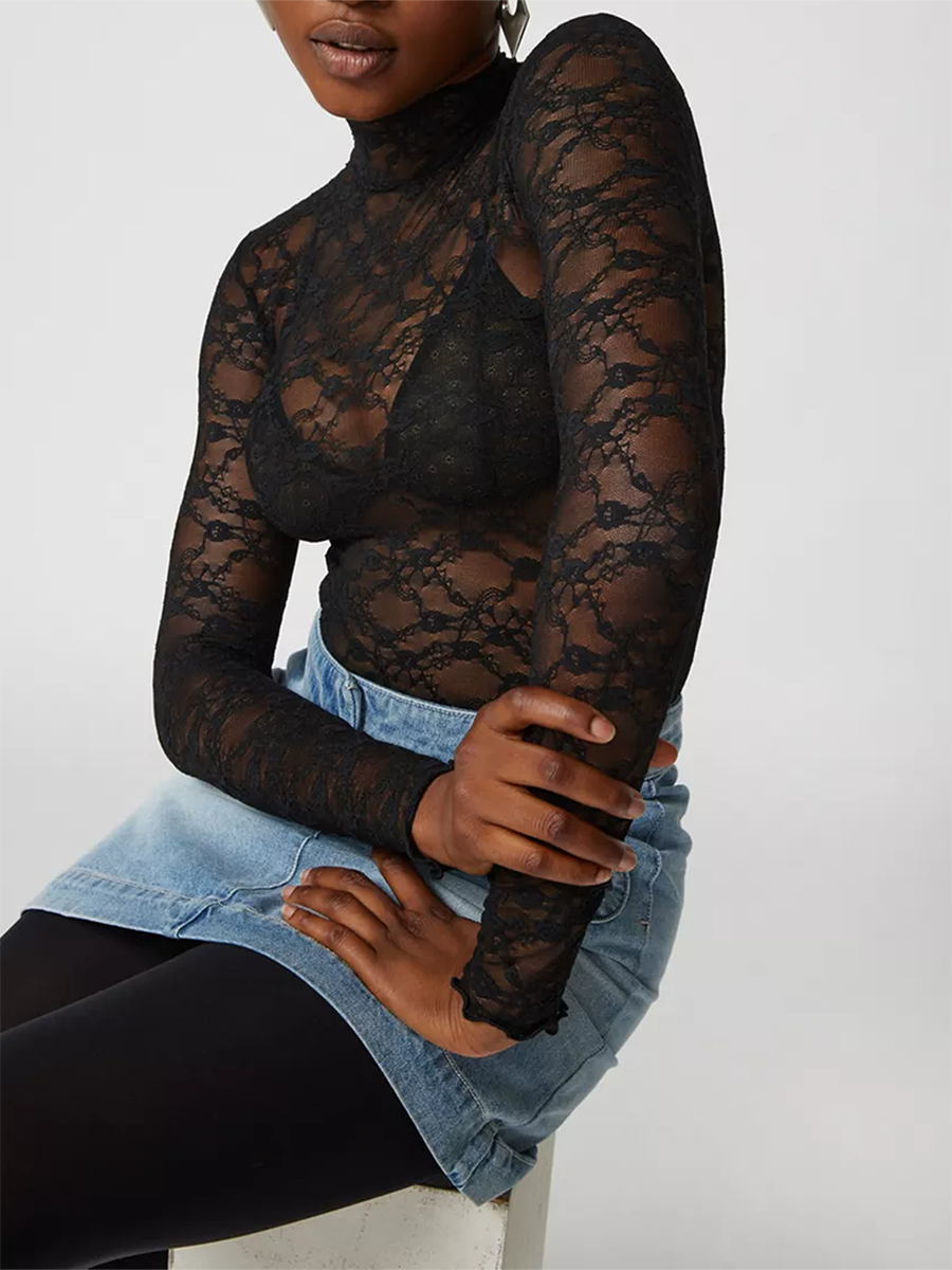 Womens Y2K Lace Floral Mesh Crop Tops Sexy Going Out Tops Long Sleeve See-through Slim Blouse Streetwear Clubwear