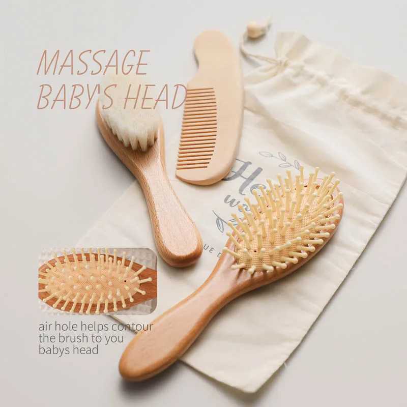 Customized baby hair comb with wooden handle natural soft wool brush baby boys and girls shower soft wool brush newborn massage comb W241112