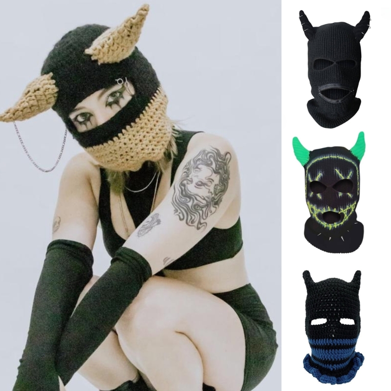 Halloween Funny Knit Warm Full Face Cover Devil Horn Balaclava Hat