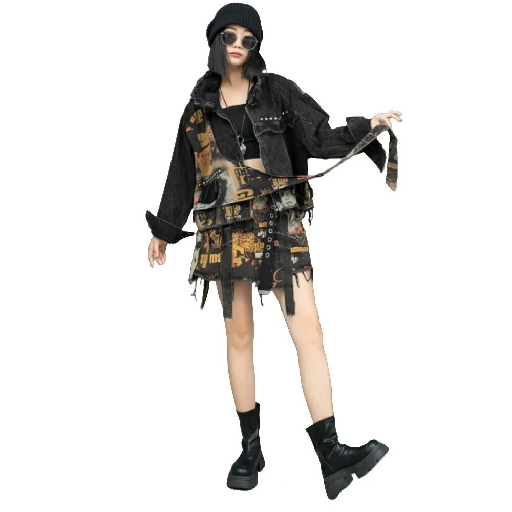 autumn trend printed dress set retro denim long sleeved cardigan jacketshort sleeved two-piece set womens ZF229 241112