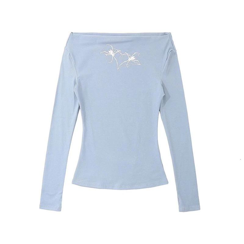 Womens sexy off shoulder printed Japanese style Kawaii Sweet Basic T-shirt Y2K Streetwear Aesthetic long sleeved ultra-thin club fairy top 241112