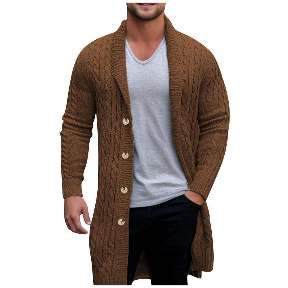Men'S Midi Autumn Winter Casual Retro Solid Long Sleeve Cardigan 2023 New Turn-Down Collar Button Sweater Coat