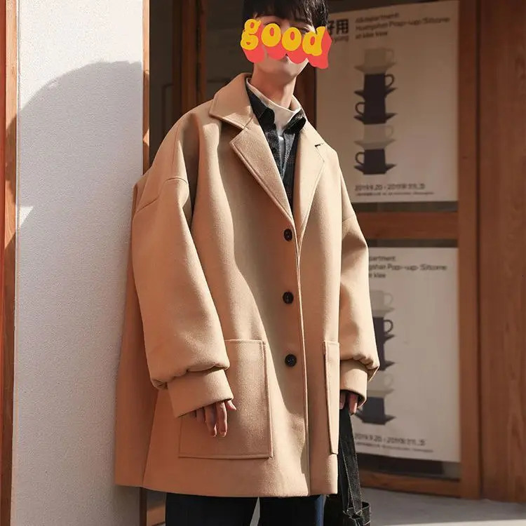 Mens Woolen Coat Ins Hong Kong Style Teenage Coat Mens Solid Color Jacket Student Korean Loose Jacket 241112
