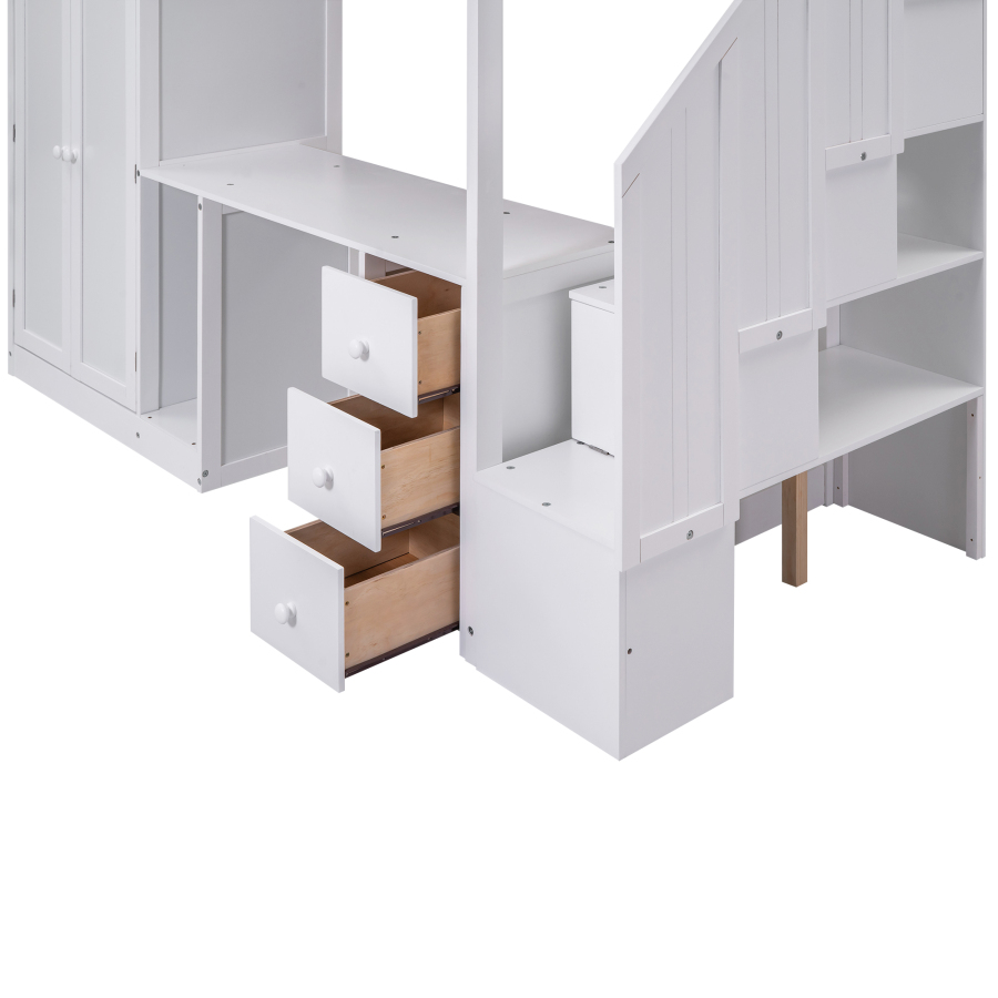 Twin Size Loft Bed with Wardrobe and Storage Staircase,built-in desk & Storage Drawers & Cabinet in 1,Loft Bed For Kids bedroom