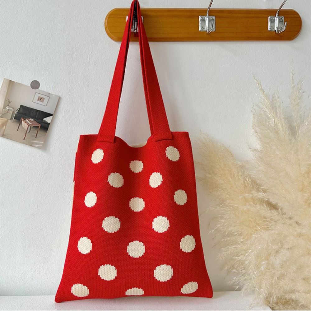 Wave Point Knit Handbag Reusable High-capacity Knit Knot Wrist Bag Tote Bag Student 36a70