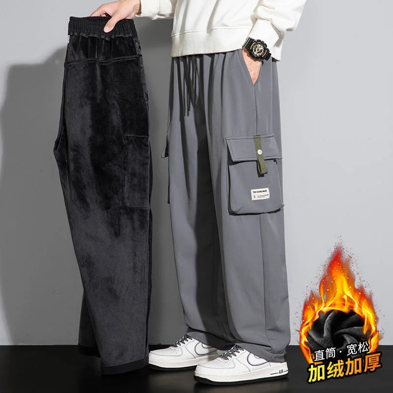 AutumnWinter Fashion Trend Loose Straight Leg Overalls Mens Casual Comfort Plus Fleece Thickened PlusSize Pants 8XL 241112