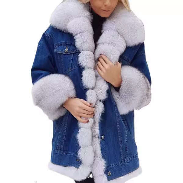 shanshi fur coat women Women's fur integrated denim long sleeved jacket