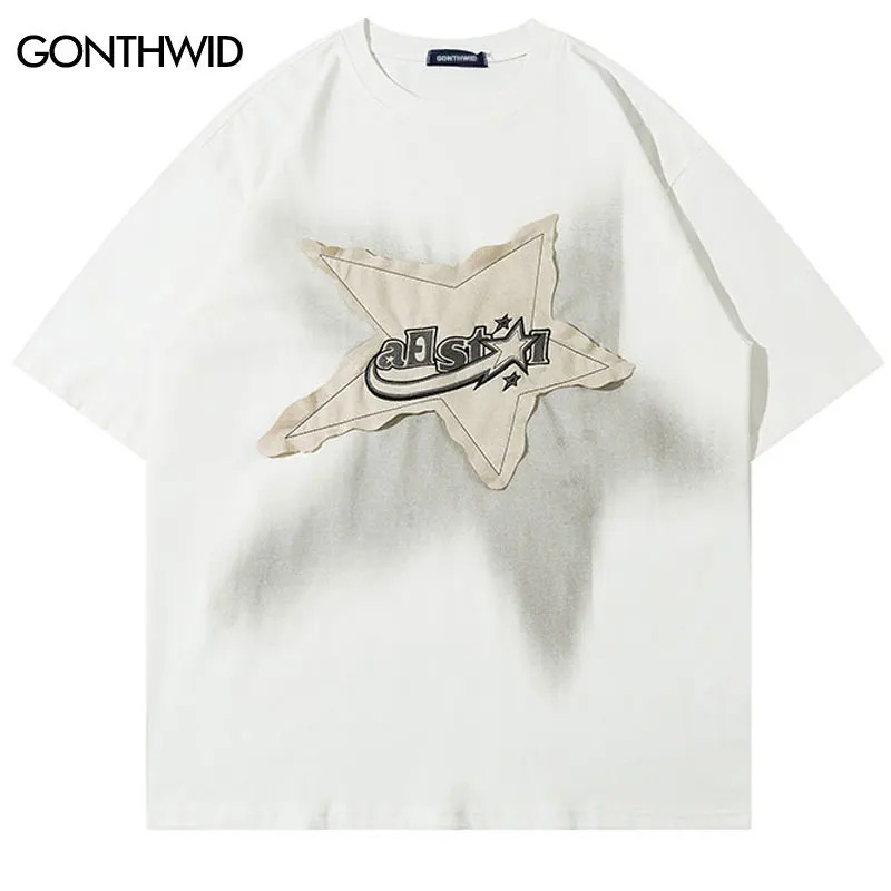 Men Oversized T Shirt Star Splicing Harajuku Streetwear Tshirts Man Fashion Casual Loose Cotton Hip Hop Y2K T-shirt Tops 240409