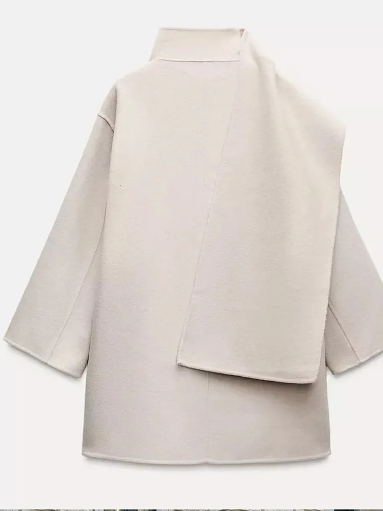 Elegant Cropped Cape Collar Thicken Warm Jackets Womens Fashion Irregular Oversized Pockets Woolen Coats Lady Chic Streetwear 241112