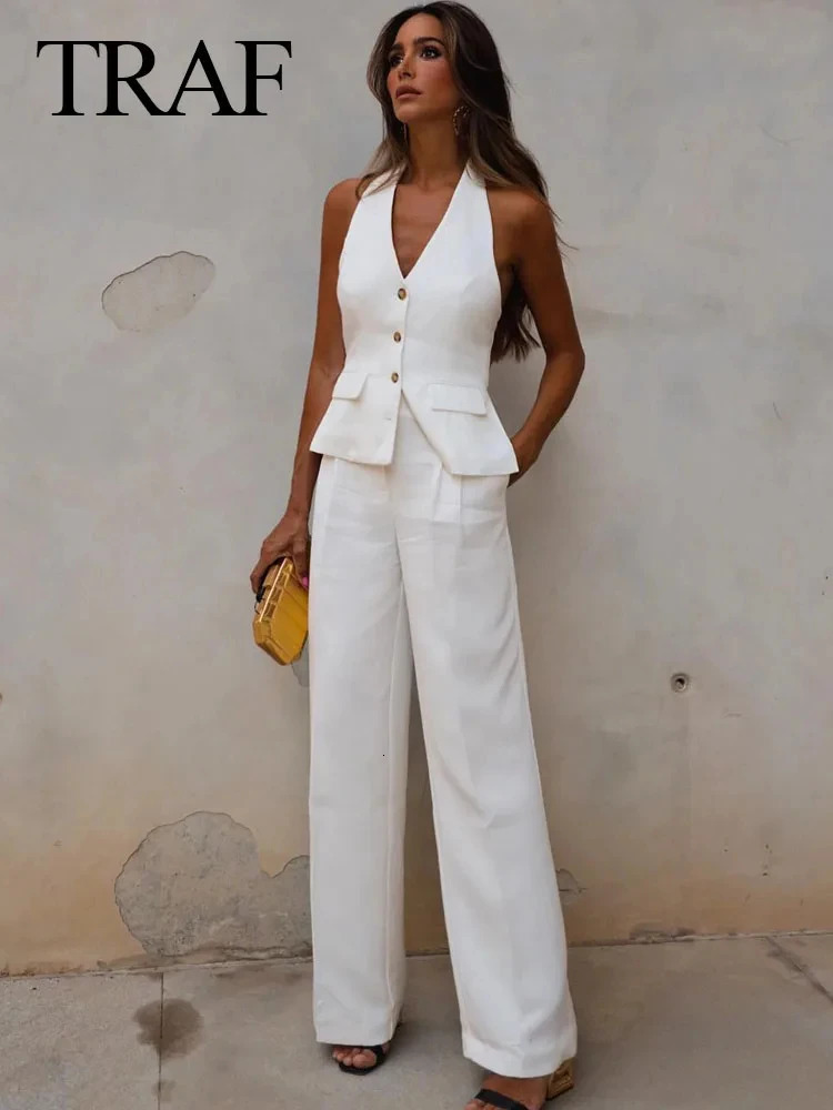 TRAF Women 2 Piece Set Halter Neck SingleBreasted Pocket Sleeveless Vest TopsHigh Waist Zipper Pockets Wide Leg Pant 241111