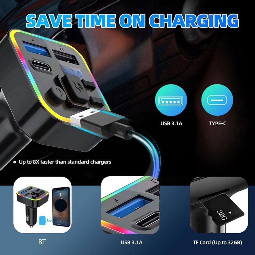 1 Pcs Bluetooth Car 5.0 FM MP3 Player Type-C Dual USB QC3.0 Fast Charging Vehicle Color Ambient Light FM Transmitter Car MP3 4ea21
