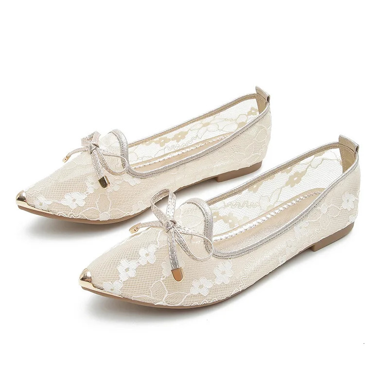 Metal toe lace embryo flat shoes for women breathable summer wool mesh lace ballet flat shoes for women moccassis size 41 241111