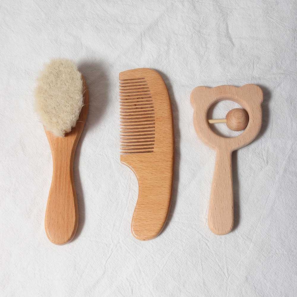 Baby comb set newborn gift set natural wool beech wood comb baby bib pacifier clip baby hair brush W241112