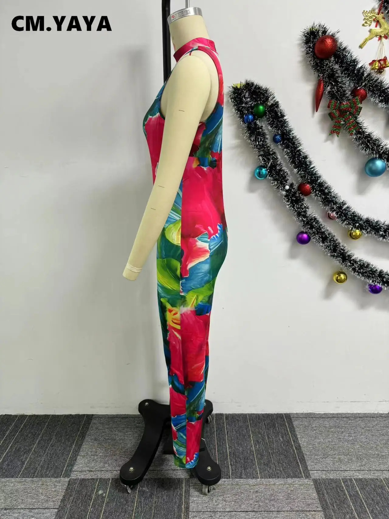 CM. YAYA Womens Tie Dye Printed Long Sleeve O-Neck Pencil jumpsuit Summer Sleeveless Street one-piece jumpsuit 241112