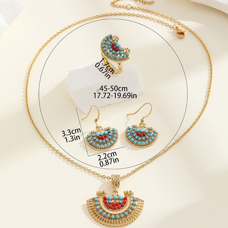 Pcs Fan Half Hollow Out Round Pearl Jewelry Set Gold Plated Earrings Ring Ladies Natural Inlaid Necklace for Party facce 5